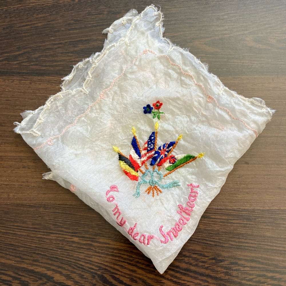 Antique WWI Embroidered Silk Hankie - WWI Flags Design - To My Dear Sweetheart